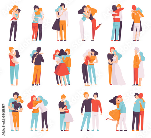 People Characters Hugging and Embracing Each Other Big Vector Illustration Set