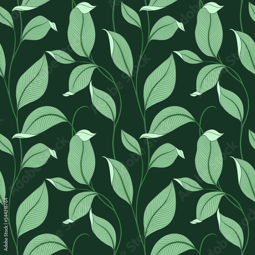 Luxury seamless pattern with striped leaves. Elegant floral background in minimalistic linear style. Trendy line art design element. Vector illustration.