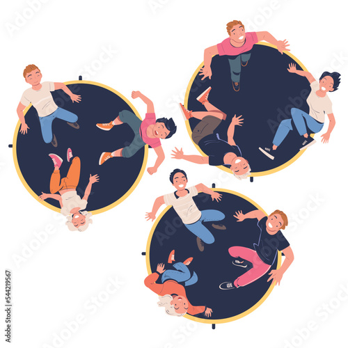 People Characters Jumping on Trampoline Bouncing and Flying in the Air Above View Vector Set