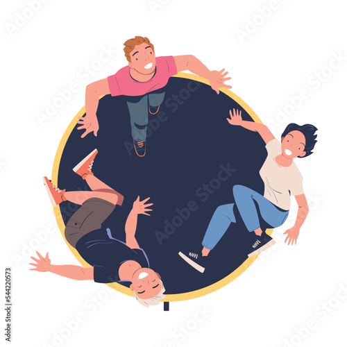 Happy Man and Woman Characters Jumping on Trampoline Bouncing and Flying in the Air Above View Vector Illustration