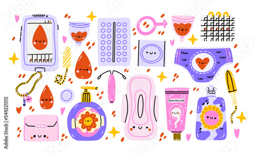Stay home collection, indoors activities, concept of comfort and coziness, set of isolated vector illustrations, scandinavian hygge style, isolation period at home. Menstruation help kit wit quotes