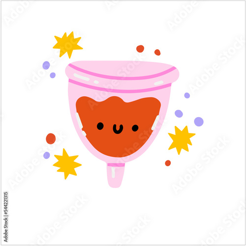 Reusable menstrual cup for menstruation period. Eco sanitary silicone female device for vaginal hygiene. Organic hygienic container. Colored flat vector illustration isolated on white background