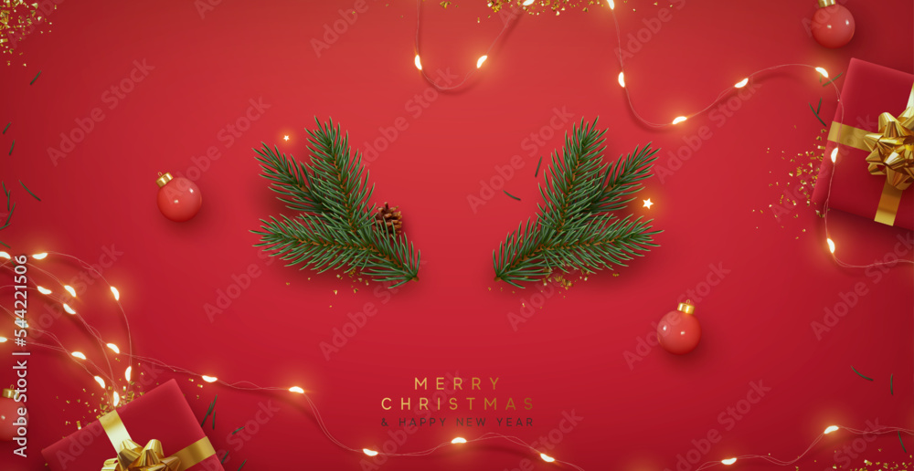 Fototapeta premium Christmas red background with realistic 3d decorative design elements. Festive Xmas composition flat top view of red gift boxes, glowing garland decorations, green tree branches. Vector illustration