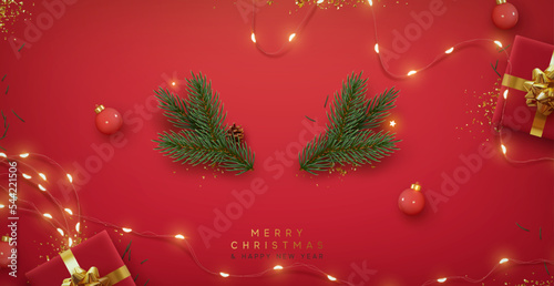 Photographie Christmas red background with realistic 3d decorative design elements