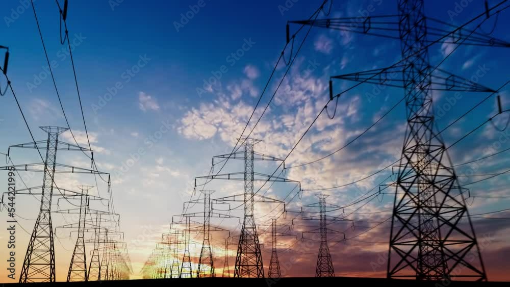 High-voltage electric line against the backdrop of a beautiful sunset, timelapse