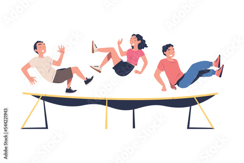 Man and Woman Characters Jumping on Trampoline Bouncing and Flying in the Air Vector Illustration