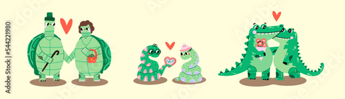 Valentine   s Day vector illustration. 3 Cute couple crocodiles  snakes   on white background with heart for graphic designer create artwork  card  brochure for invitations or greetings. 