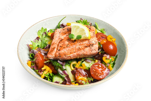 Bowl with tasty salmon piece, lemon and mixed vegetables on white background