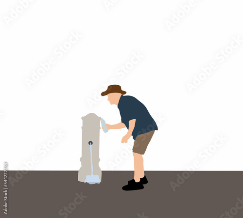 Man refill a bottle of drinking water from tap of public drinking water fountain. travel concept.