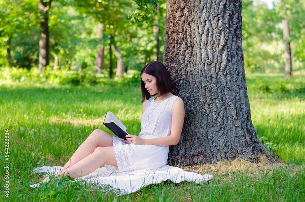 Young woman sitting in the forest and reading book on a beautiful summer day Young woman sitting in the forest and reading book on a beautiful summer day