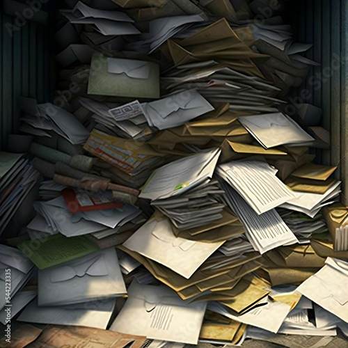 Overflowing Room Full Of Mail Papers and Packages | Delayed Mail Concept | Created Using Midjourney and Photoshop photo
