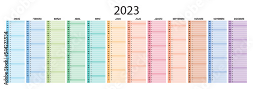 Spanish calendar planner 2023 vector, schedule month calender, organizer template. Business personal page. Modern simple illustration