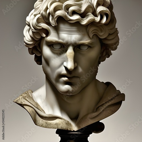 3D illustration featuring a white marble statue bust of an ancient Greek or Roman man with chiseled features.