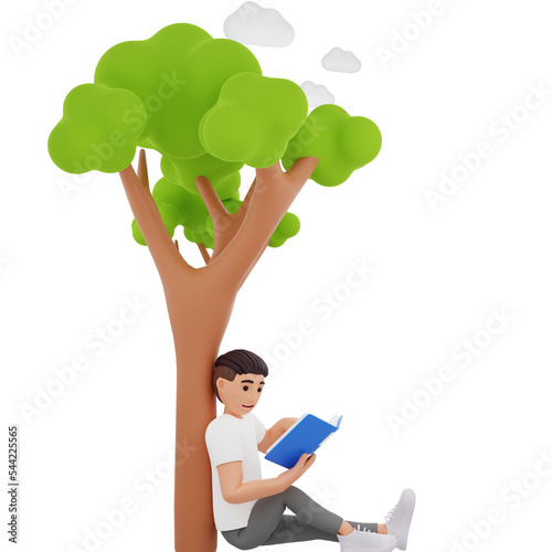 Boy reading book while sitting under a tree, 3D character illustration photo