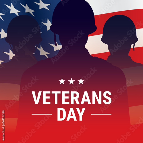 Veterans day cinematic vector greeting card, with WW2 soldier shadows and waving USA flag. Patriotic American army background with memorial message.