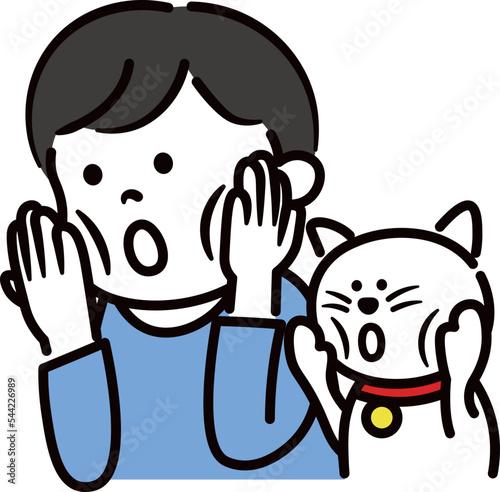 驚いている男の子とペットの猫のイラスト素材