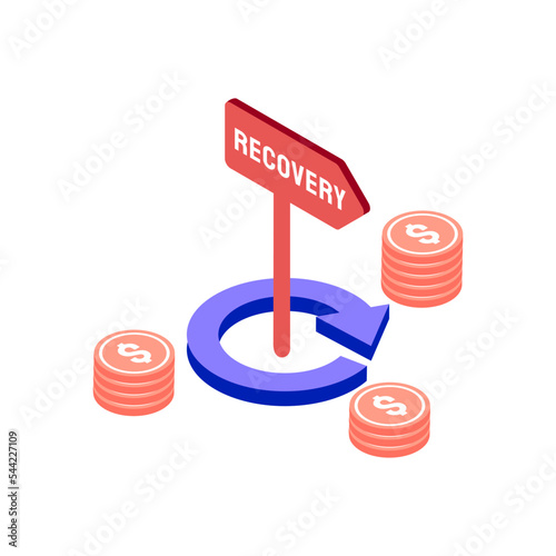 recession recovery isometric icon illustration color red, blue, purple. Conceptual business story. Financial crisis, economic recession, bankruptcy, depression.