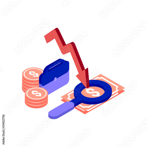 recession business isometric icon illustration color red, blue, purple. Conceptual business story. Financial crisis, economic recession, bankruptcy, depression.