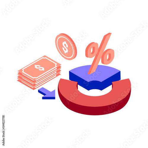 recession diagrams isometric icon illustration color red, blue, purple. Conceptual business story. Financial crisis, economic recession, bankruptcy, depression.