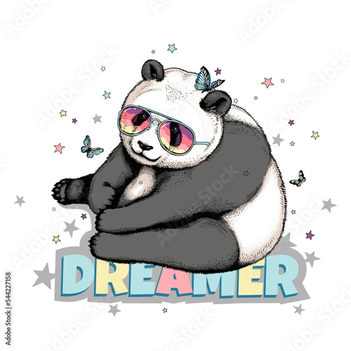 Cute big panda with buttflies and stars. Dreamer illustration. Stylish image for printing on any surface