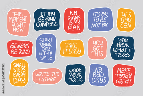 Collection mental health stickers. Self care and love flat vector illustration set. Inspirational quotes. Positive motivation saying for daily planner, scrapbook, diary, calendar.