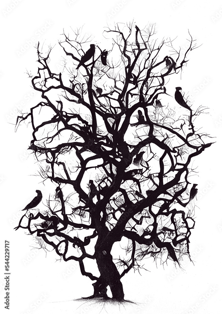 Obraz premium Isolated PNG - Black tree with twisted branches and roots, painted in indian ink, in etching style