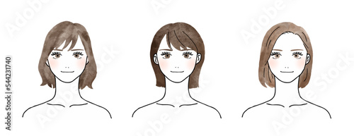 微笑みを浮かべるミディアムヘアーの女性3人組の水彩ベクターイラストセット