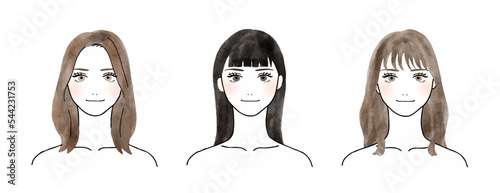 微笑みを浮かべるロングヘアーの女性3人組の水彩ベクターイラストセット