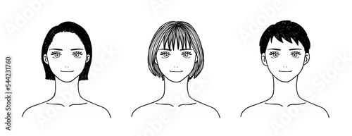 微笑みを浮かべるショートヘアーの女性3人組の線画ベクターイラストセット
