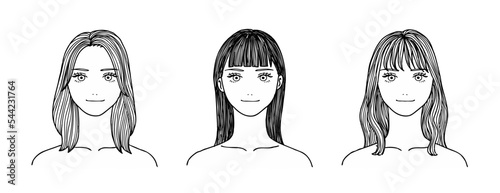 微笑みを浮かべるロングヘアーの女性3人組の線画ベクターイラストセット