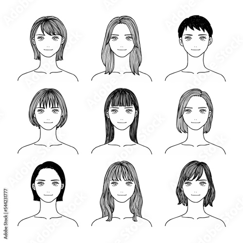 色々な髪型で微笑みを浮かべる9人の女性の線画ベクターイラストセット