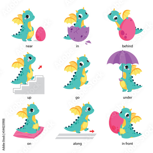 Cute Baby Dragon with Wings Learning English Preposition Word Vector Set photo