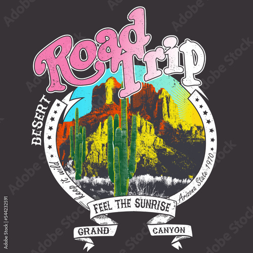 Graphic tee for girl, road trip grand canyon in arizona state 1970, Arizona road trip vintage graphic print design for t shirt. Cactus wild with mountain artwork design. 