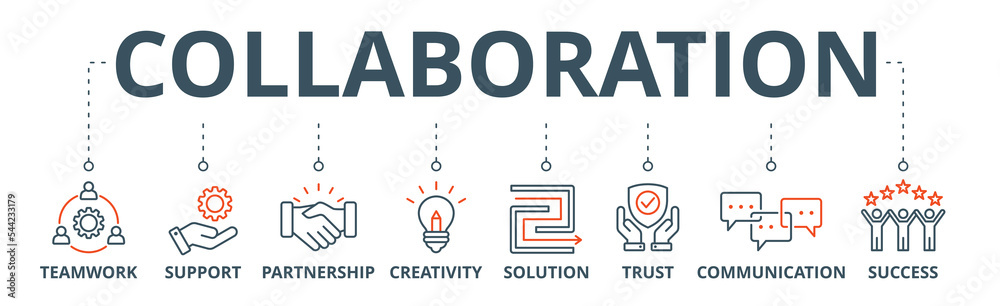 Collaboration banner web icon vector illustration concept with icon of teamwork, support, partnership, creativity, solution, trust, communication, success Collaboration banner web icon vector illustration concept with icon of teamwork, support, partnership, creativity, solution, trust, communication, success