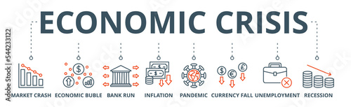 Economic crisis banner web icon vector illustration concept with icon of market crash, economic bubble, bank run, inflation, pandemic, currency fall, unemployment, recession