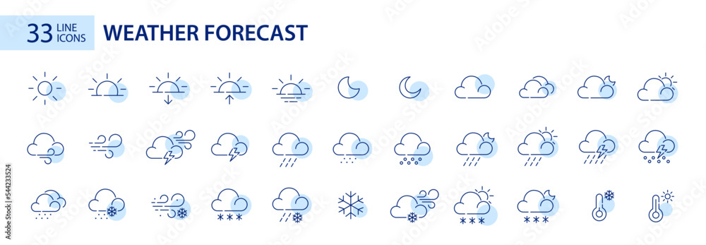 Set of 33 weather forecast icons. Pixel perfect, editable stroke art - obrazy, fototapety, plakaty 