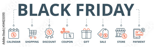 Black friday banner web icon vector illustration concept with icon of calendar, shopping, discount, coupon, gift, sale, store, payment