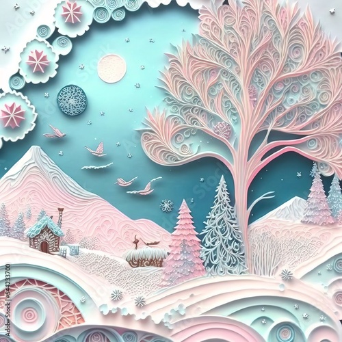 magical snow fow paper quilling paper cut art. Generative AI Technology photo