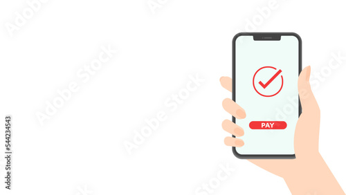 チェックマークとPAYの文字が表示されたスマートフォンを持つ人の手 - スマホ決済･支払い済みのイメージ素材