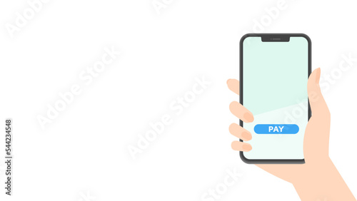 PAYの文字が表示されたスマートフォンを持つ人の手 - スマホ決済･買い物のイメージ素材
