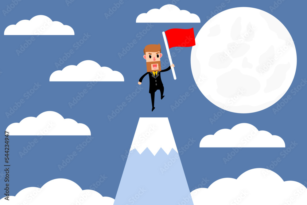 Businessman holding a flag on the top of the mountain of success and happy jump. Business Concept. Vector illustration Businessman holding a flag on the top of the mountain of success and happy jump. Business Concept. Vector illustration