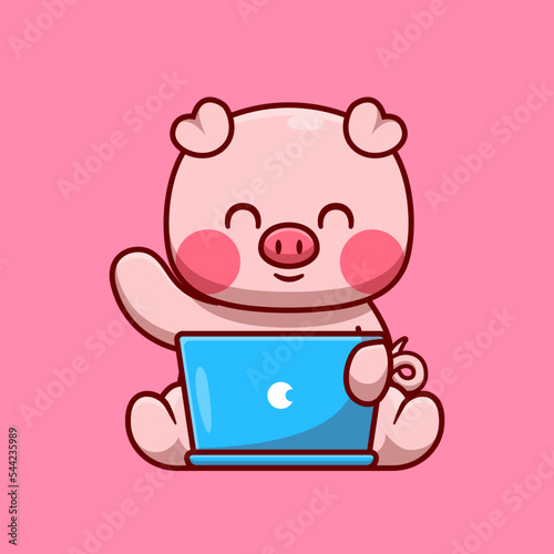 Cute Pig Working On Laptop Cartoon Vector Icon Illustration. 
Animal Technology Icon Concept Isolated Premium Vector. 
Flat Cartoon Style photo