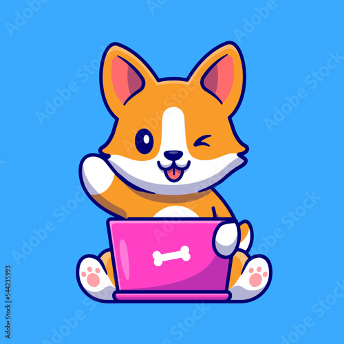 Cute Corgi Dog Working On Laptop Cartoon Vector Icon 
Illustration. Animal Technlogy Icon Concept Isolated Premium 
Vector. Flat Cartoon Style photo