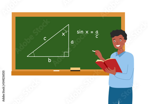 Black male teacher teaching mathematics subject in classroom concept vector illustration on white background.