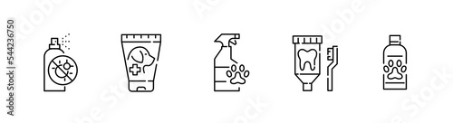 Pet hygiene supplies set. Dog shampoo, toothpaste and pest repellent spray. Pixel perfect, editable stroke icon