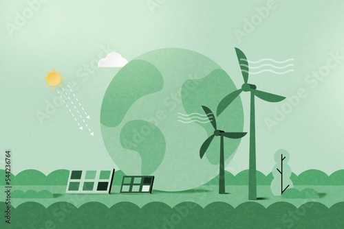 Green alternative renewable energy. Green eco friendly nature landscape background. Ecology and environment concept.Vector Illustration.