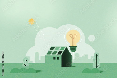 Solar energy panels.Green  alternative renewable energy.Green eco friendly landscape nature background. Ecology and environment concept.Vector Illustration.