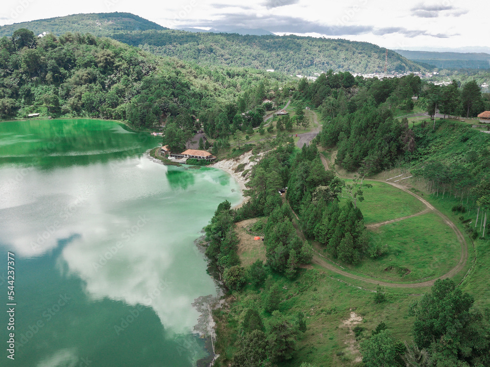 Linow lake view seen from above with several scenarios. Linow lake is located in the city of Tomohon, North Sulawesi Province, Indonesia.
