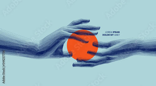 Hands holding red circle. Sensing energy between palms. Concept of human relation, togetherness, partnership, connection, contact or network. Design for banner, flyer, poster, cover or brochure.