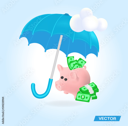 Piggy bank under an umbrella. Reliable savings protection. Vector 3d
 photo